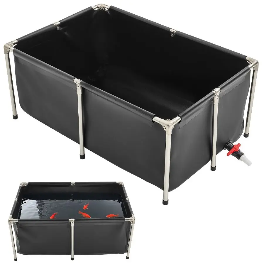 VEVOR Black Rectangular Canvas Fish Pond, 126.8 Gal Above-Ground Foldable PVC Tank with Stable Frame & Drain Valve, for Aquaculture & Koi Breeding
