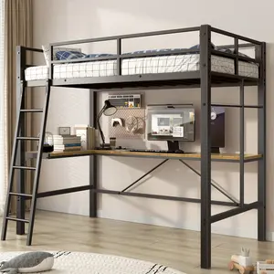 Twin Metal Loft Bed with Desk, Heavy Duty Twin Bed Frame, Noiseless, Space Saving, No Springs Required, Vintage Design with Ladder And Guardrail