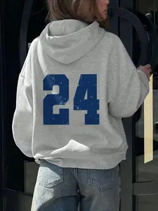 Women's Number Print Drawstring Pocket Hoodie, Casual Long Sleeve Hooded Sweatshirt for Fall & Winter, Ladies Clothes for Daily Wear