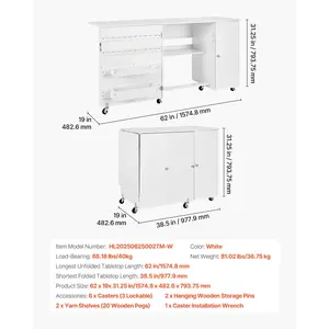VEVOR Folding Sewing Table, Multipurpose Sewing Machine Table with Cabinet, Compact Design, Wheels, Wooden Pegs, Storage Trays and Shelf, Magnetic Door, Craft Station and Side Desk for Home, White