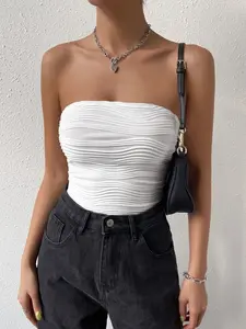 Women's Textured White Tube Top - Sexy Strapless Ripple Slim Fit Bandeau Top, Summer Going Out Top, Minimalist Y2K Style Sleeveless Bodice Streetwear
