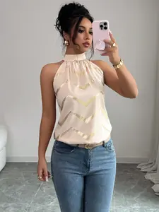 Women's Sleeveless Gold Foil Striped Halter Neck Blouse