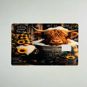 Highland Cow Credit Card Skin with Sunflowers and Gnome Design