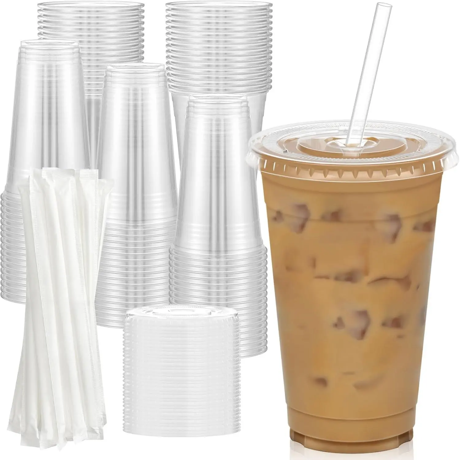 100 Pack 20 oz Clear Disposable Plastic Cups with Lids & Straws, Food Safe Iced Coffee Smoothie Cups, Sturdy Cold Drink Tumbler Cups