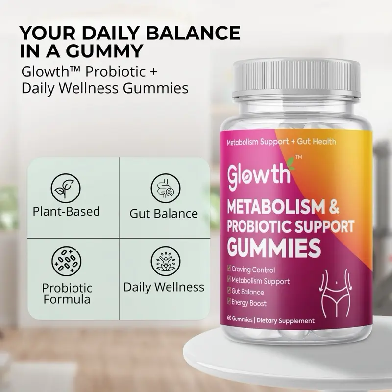 Glowth Probiotic & Metabolism Support Gummies 60 Count Vegan Non-GMO Gut Health Energy Boost Daily Wellness Essential