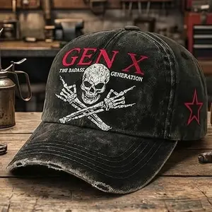 Gen X Skull and Crossbones Dad Hat, Embroidered Vintage Distressed Baseball Cap for Men & Women, Adjustable Cotton Blend Streetwear