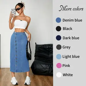 JUNBAOSS Women's Slim Fitted Stretch Denim A-Line Skirt - Mid-Rise, Button-Down, Minimalist Casual Bottoms with Pocket, Comfortable Machine Washable Skirts for Fall Streetwear