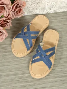 French Vacation Style Denim Cross Strap Sandals, Blue Denim Soft Thick Sole, Comfortable and Leg-Lengthening, Perfect for Beach Days, Crisscross Strap Sandals