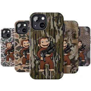 Machine Gun Curious George Monkey Camo Phone Case Aesthetic For iPhone 17 16 15 14 13 12 11 12 11 X 8, Durable, Hunting Gifts, Durable Accessories