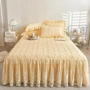 Flower Pattern Quilted Brocade Cotton Bedspread with Lace Ruffled Bed Skirt Queen Size Light Yellow