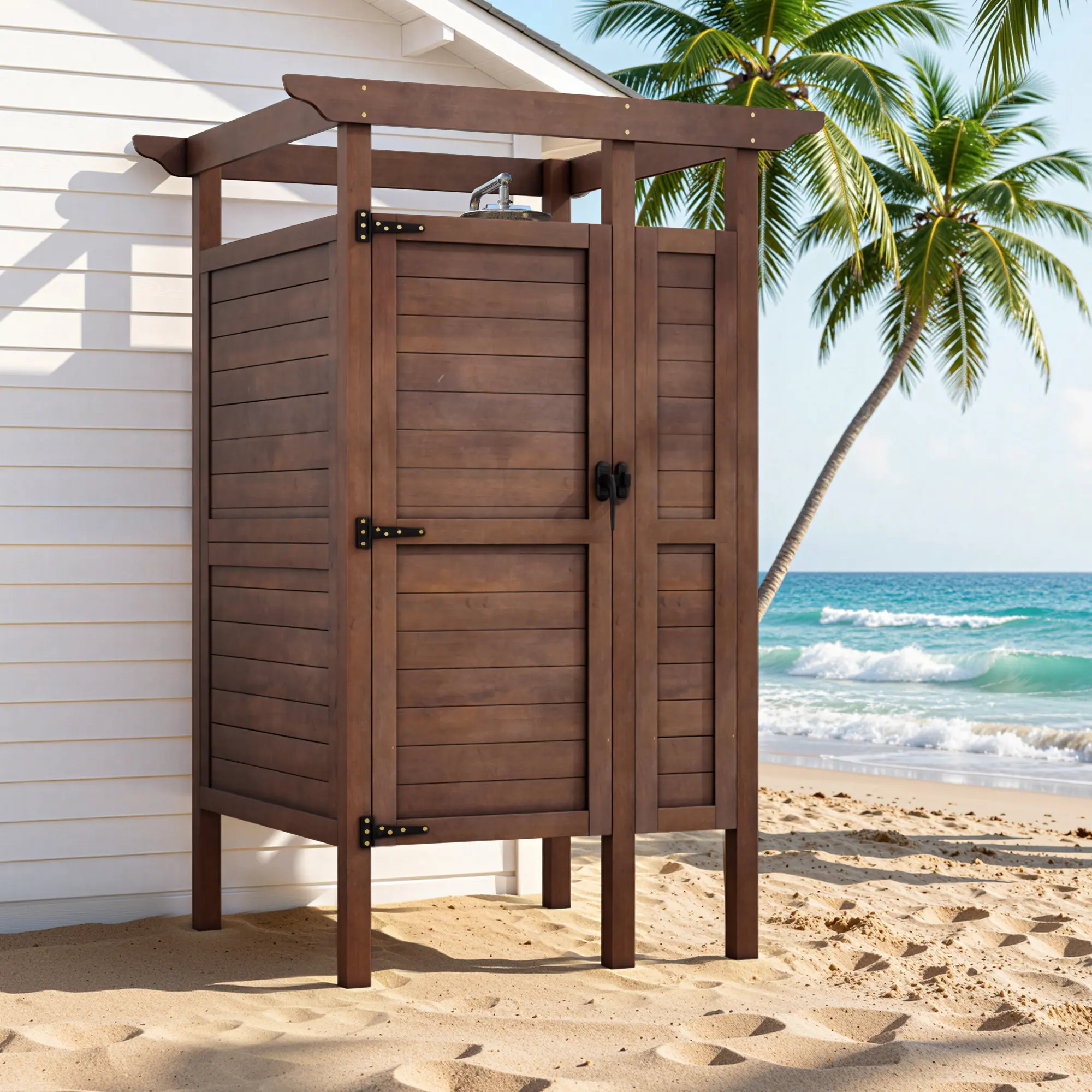 【2 Packages Shipping】AHB Solid Wood Outdoor Shower Enclosure, Privacy Shower Stall with Built-In Shelves & Lockable Door, Weatherproof Outdoor Changing Room for Poolside, Beach, Backyard(Only Shower Enclosure)
