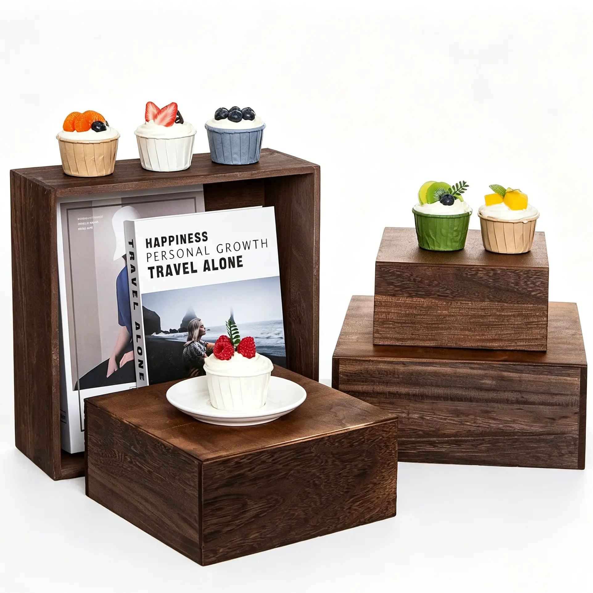 4 Pack Buffet Display Risers, Rustic Wood Cake Stands, Food Risers for Buffet Table, Dessert Display Stand, Wood Crates, Rustic Cake Stand for Party, Wedding, Birthday, Baby Shower