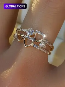 Mother's Day Gift Women's Rhinestone Decorated Heart Design Ring, Fashion Heart Rings, Jewelry for Women As Engagement & Wedding Anniversary