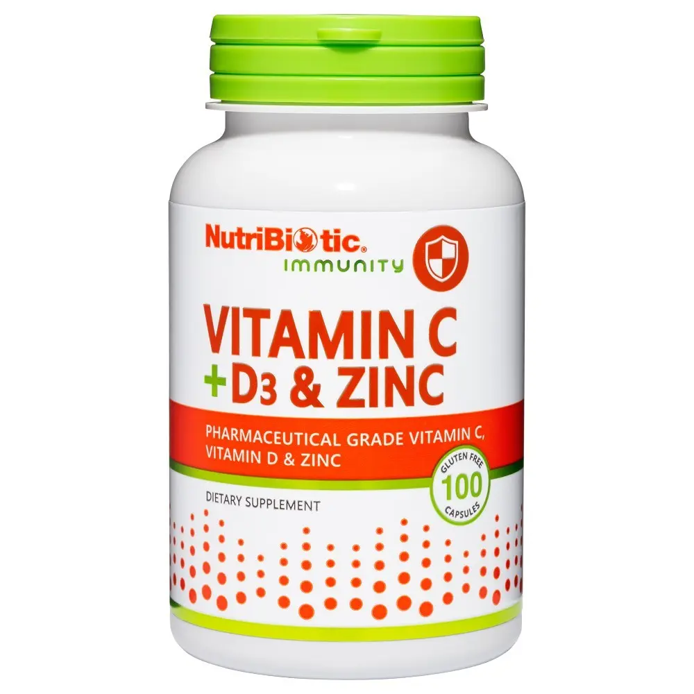NutriBiotic Vitamin C + D3 & Zinc 100 Capsules Comprehensive Immune Support Antioxidant Supplement for Strong Bones and Cognitive Health - Dietary