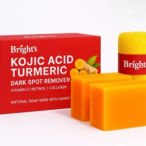 Kojic Acid Soap + African Net Sponge (2 Pack Tumeric Bars) Long Lasting Exfoliating,Dark Spot Remover, Hyperpigmentation