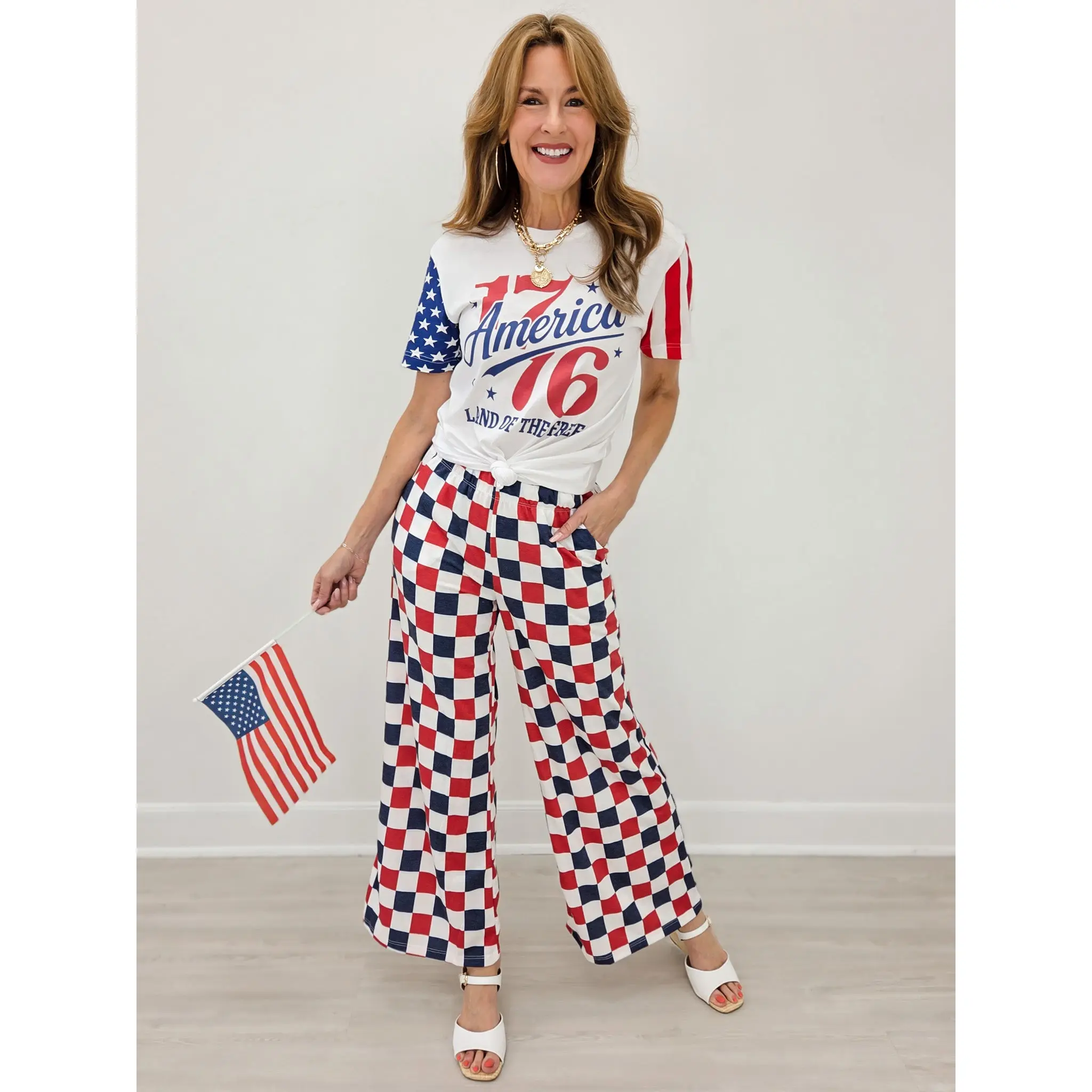High Waist Checkered Straight Leg Knit Pants-Red And Blue