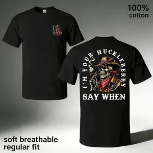 I'm Your Huckleberry T-Shirt - Cowboy Skull Smoking Cigar With Red Bandana Graphic , Western Quote “Say When” , Vintage Streetwear , Unisex Tee , Gift For Cowboys , Daily Cowboy Shirt Classic
