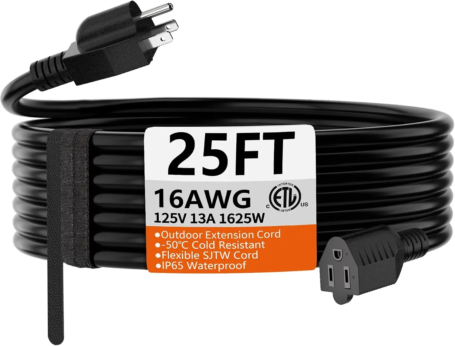 25FT 16AWG Black Extension Cord 125V 13A 1625W Outdoor Electric Cable Flame-Resistant Waterproof IP65 Cold-Resistant Durable & Safer High Flexible Easy to Use