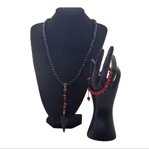 Black Arrowhead Beaded Pendant Necklace & Bracelet Set for Men's