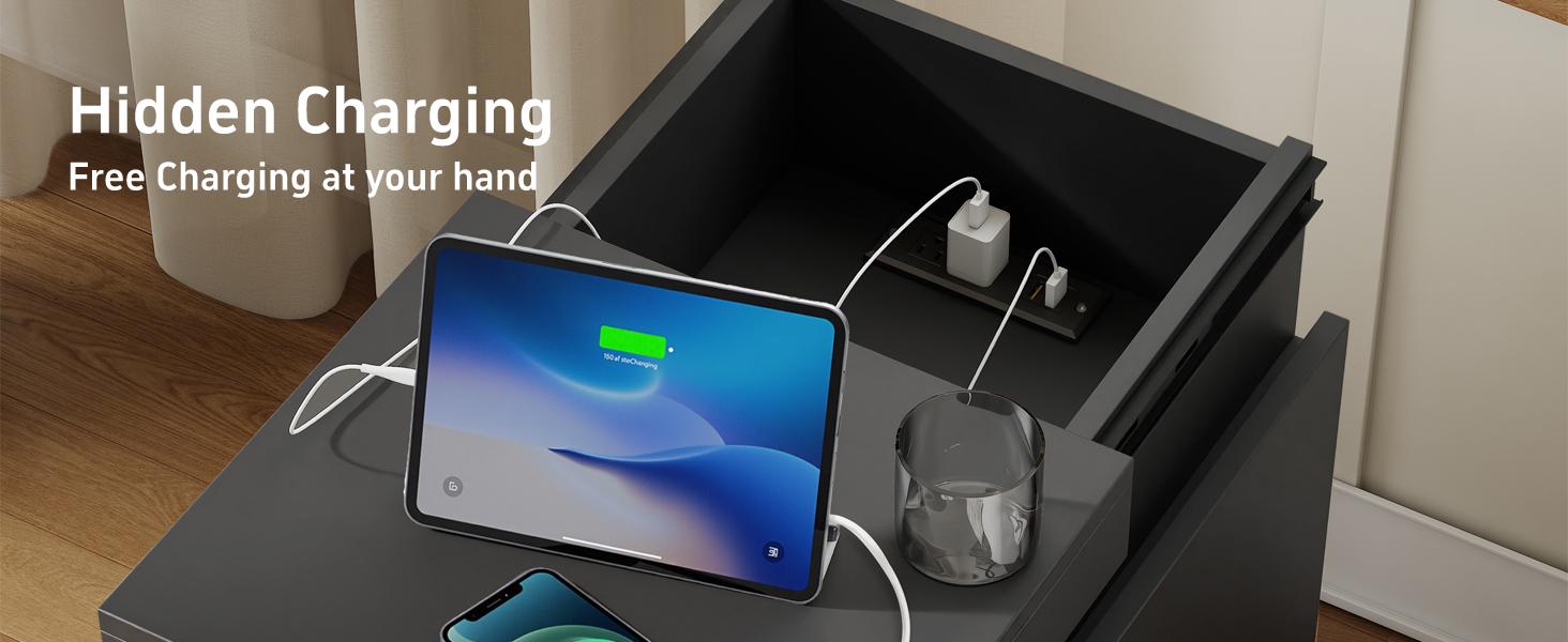 Nightstand with Charging Station and LED Lights,Night Stand with Sliding Top,Bedside Table with Drawers,Modern End Side Table for Bedroom