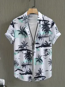 Men's Fashion Hawaiian Style Short Sleeve Shirt, Coconut Tree Pattern Full Body Print Button Lapel Shirt, Perfect for Summer Vacation