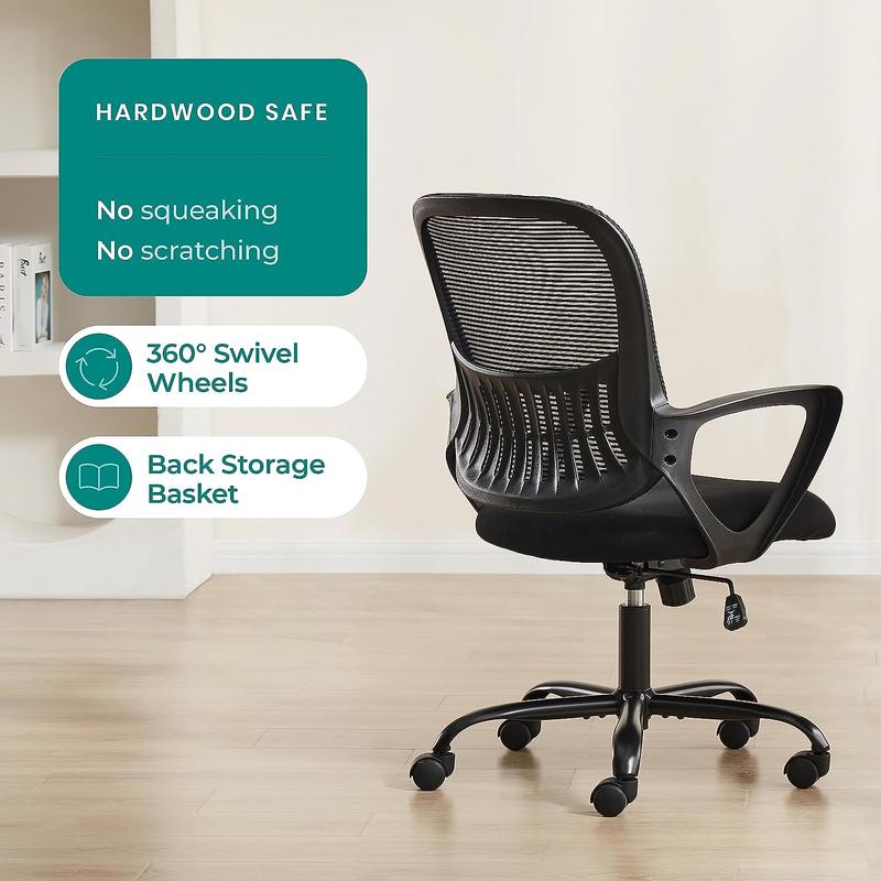 Ergonomic Office Chair Computer Gaming with Arms, Home Desk with Wheels, Mid-Back Task Rolling with Lumbar Support, Comfy Mesh Swivel Executive, 18.5" D x 20.08" W x 41.5" H, Black