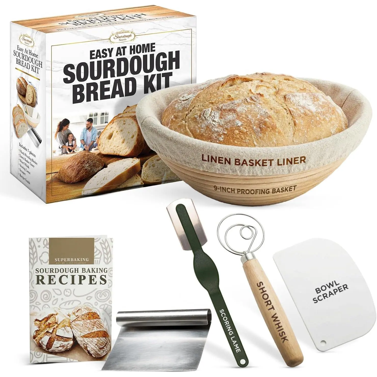 Sourdough Bread Kit - 9-Inch Banneton Proofing Basket with Liner, Whisk, Lame, Scrapers and Recipe Guide | Complete Bread Making Supplies and Sourdough Tools -   Idea for Bakers