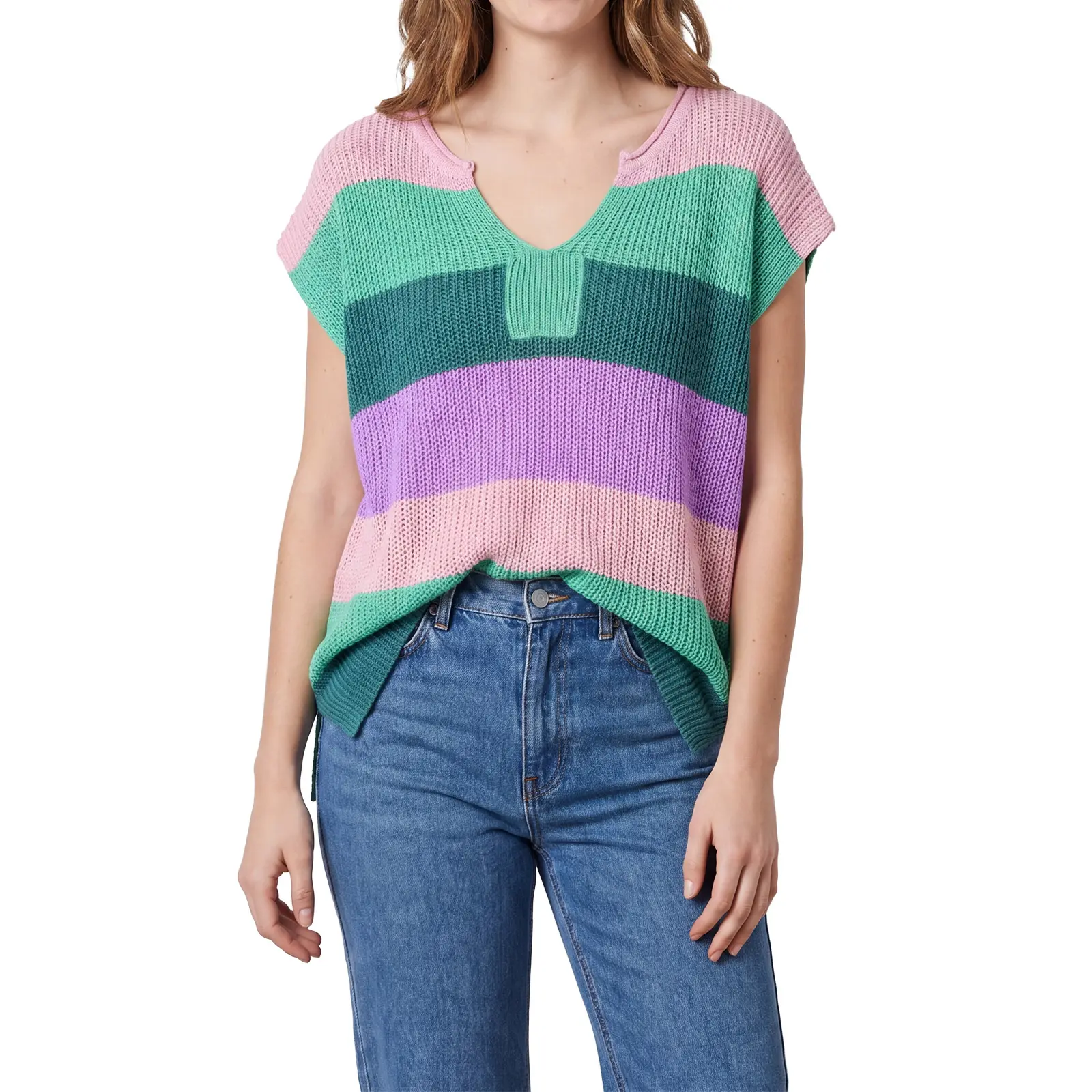 Shewin Women's Colorblock Striped Knitwear, Casual V-Neck Short Sleeve Acrylic Top, Lightweight Cute Tops for Women with Side Split Hem