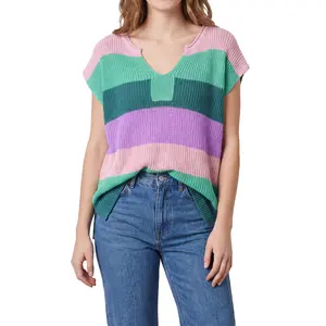 Shewin 2026 SummerVibes Lady's Striped Colorblock Acrylic Knit Loose-Fitting Top - Breathable Hollowout V-Neck Short Sleeve Knitwear, Lightweight Casual Top, Knitted Clothes for Women's Daily Wear