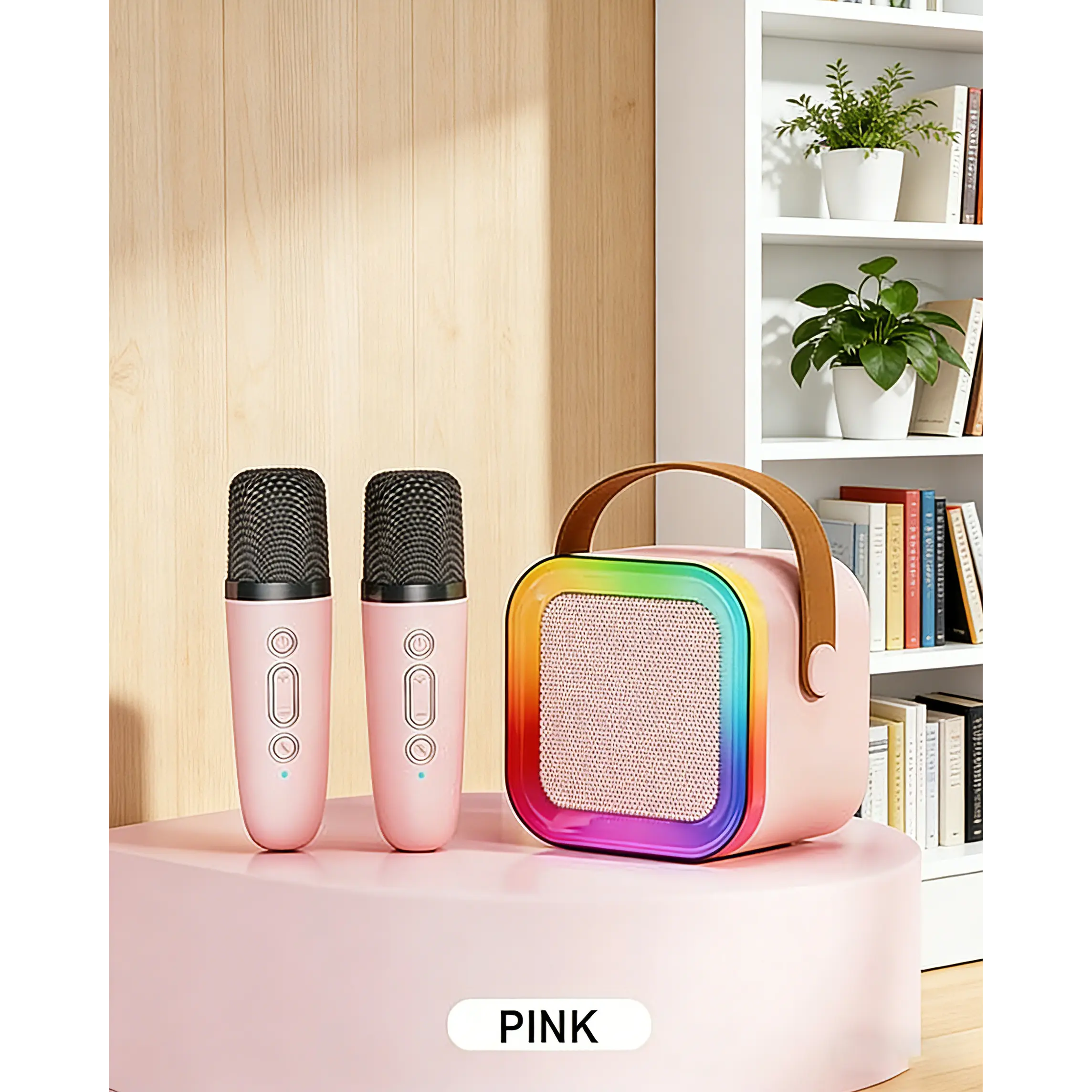 All-in-1 Karaoke Machine Kit - Portable Bluetooth Speaker, 2 Wireless Mics, Dynamic Colorful RGB Lights, 4-6 Hours Playtime Per Charge - Ideal for Adults, Parties, Birthdays (Pink)