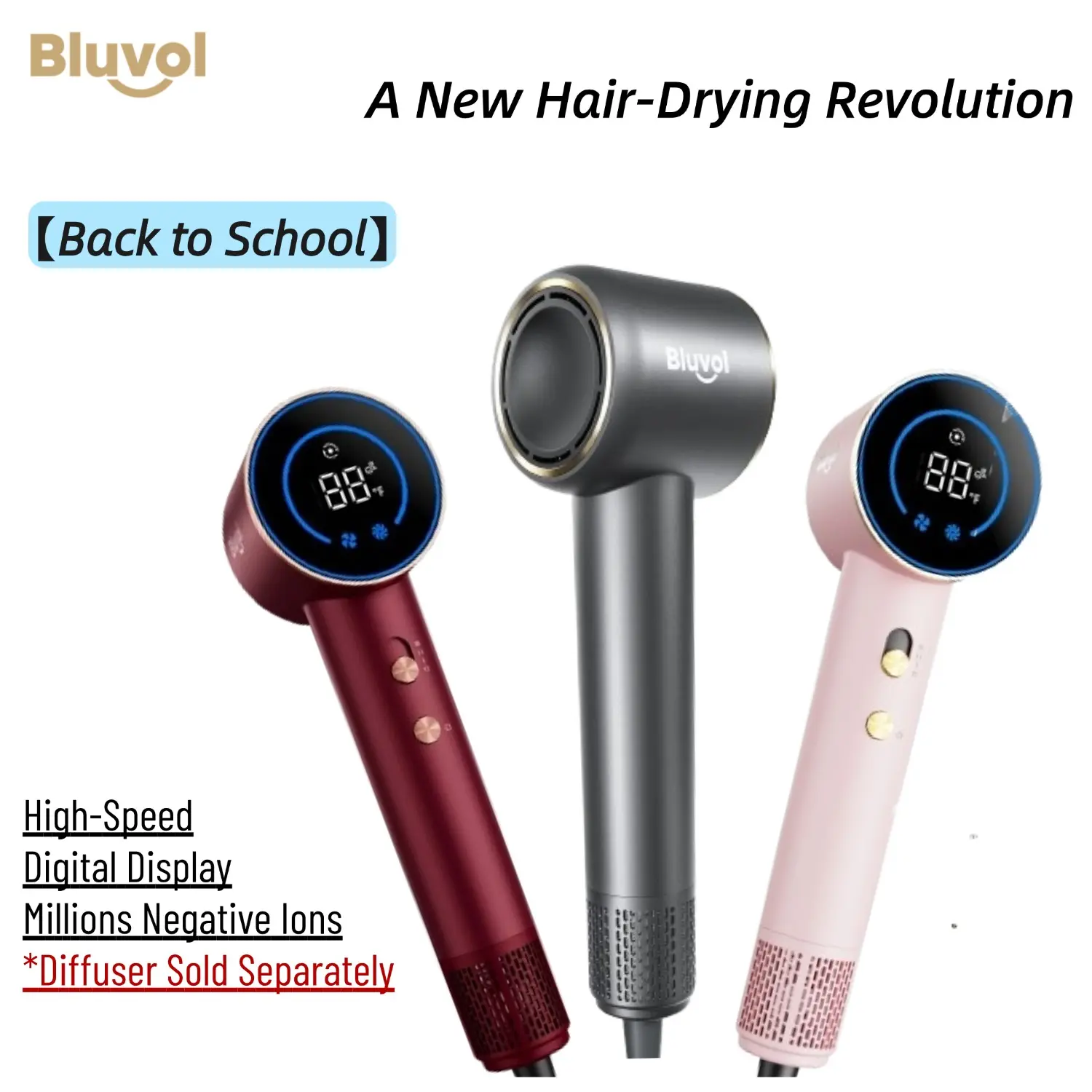 【BackToSchool】Bluvol by Fanttik Travel Hair Dryer, High Speed lonic AquaGlow Tech Blow Dryer with HD Display, Magnetic Concentrator, Brushless Motor - Formely FanttikSolo AURA H10 APEX, Summerhairstyles,dorm essentials