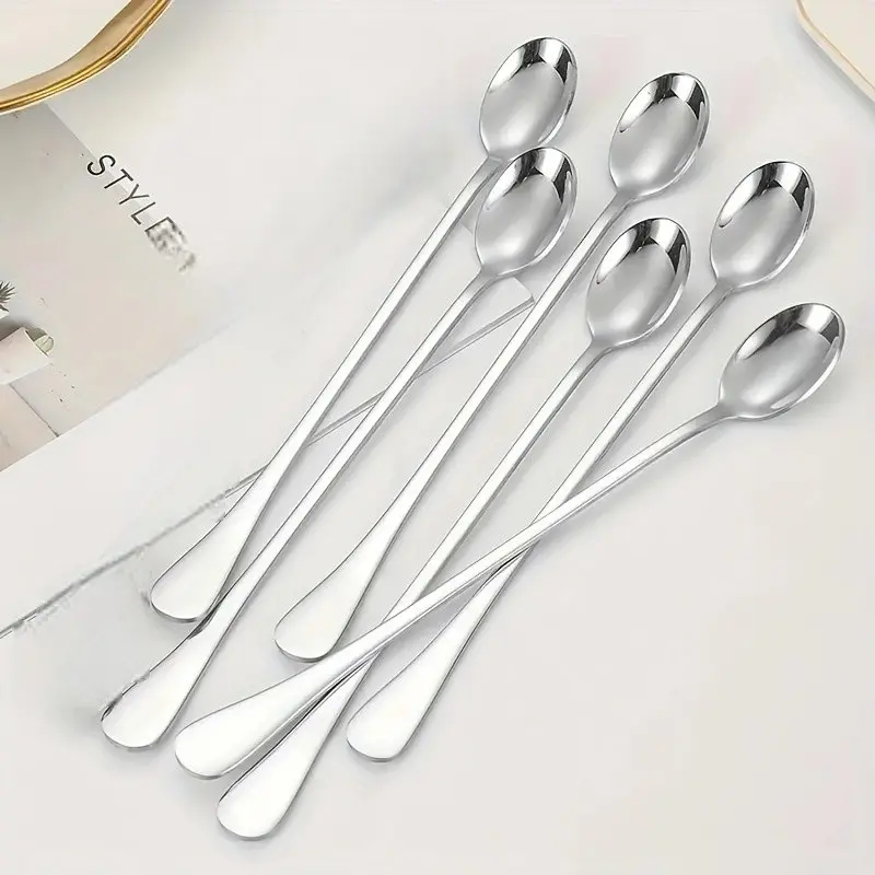6-Piece Stainless Steel Long Handle Ice Tea Spoon Set, Coffee Scoop, Ice Cream Stirrer, Dishwasher Safe, Kitchen Utensils, Cooking Spoons, Dessert Spoons, Drink Accessories, 7.87in