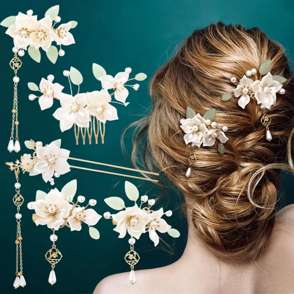 5PCS Camellia Flower Tassels Hairpin, Headpiece Retro Chinese Hanfu Wedding Brides Hair Accessories, Rhinestone Pearl Hair Clips, Korean Jewelry for Women Updo Long Hair