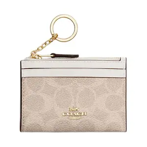 COACH Skinny ID Case 11 for Women – Minimalist Sand Beige and Chalk White Leather-Blend Cardholder with Metal Zipper