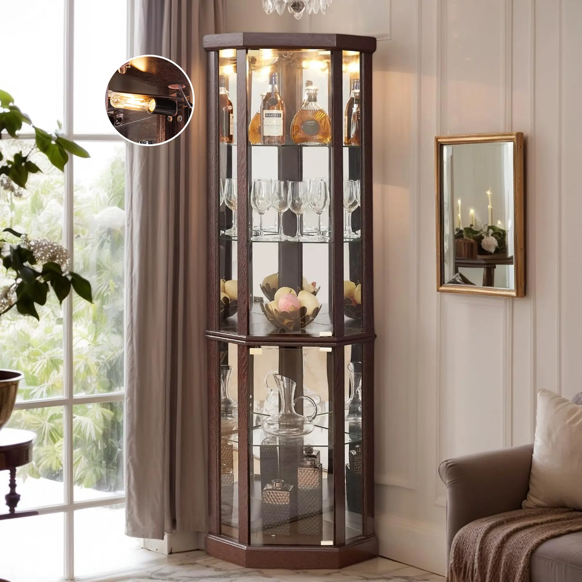 Eyisean 70" Lighted Curio Corner Cabinet, Glass Display Cabinet with Adjustable Shelve & Tempered Glass Door, Bulb Inclued, 5-Tier Wooden China Cabinet for Collectibles, Tall Cabinet Storage Rack for Living Room, Bedroom