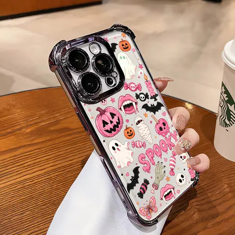 4-Corner Anti-Fall, Cute Candy Pumpkin Ghost Design, Transparent Non-Yellowing Shockproof Cover for iPhone 18 Pro Max,17 Air,16 Plus,15,14,13,12,11,XR,XS & Galaxy S26,S25,S24,S23,S22, Girls' Gift.JL119, Cute Accessories
