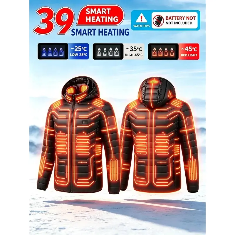 Men's Intelligent Heating Jacket 39 Heating Zones Four Temperature Control Settings Outdoor Cold Resistance Winter Hat Included (Battery Not Included)