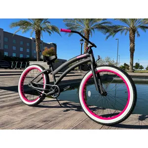 Ladies SIKK Wide Ride SS Aluminum Frame Single Speed Flat Black Frame Pink Wheels Whitewall Tires