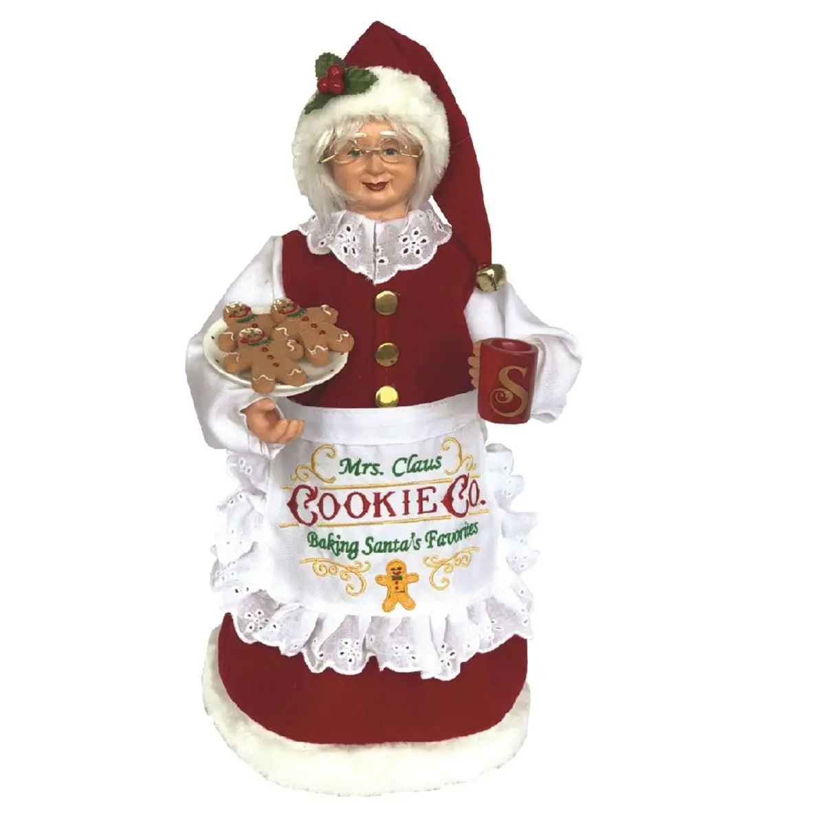 212 MAIN 15 in. Mrs. Claus Figurine - Handcrafted Round, Santa's Workshop Apron Print, Festive Home Decor Ornament, Cookie Baking Theme Collectible