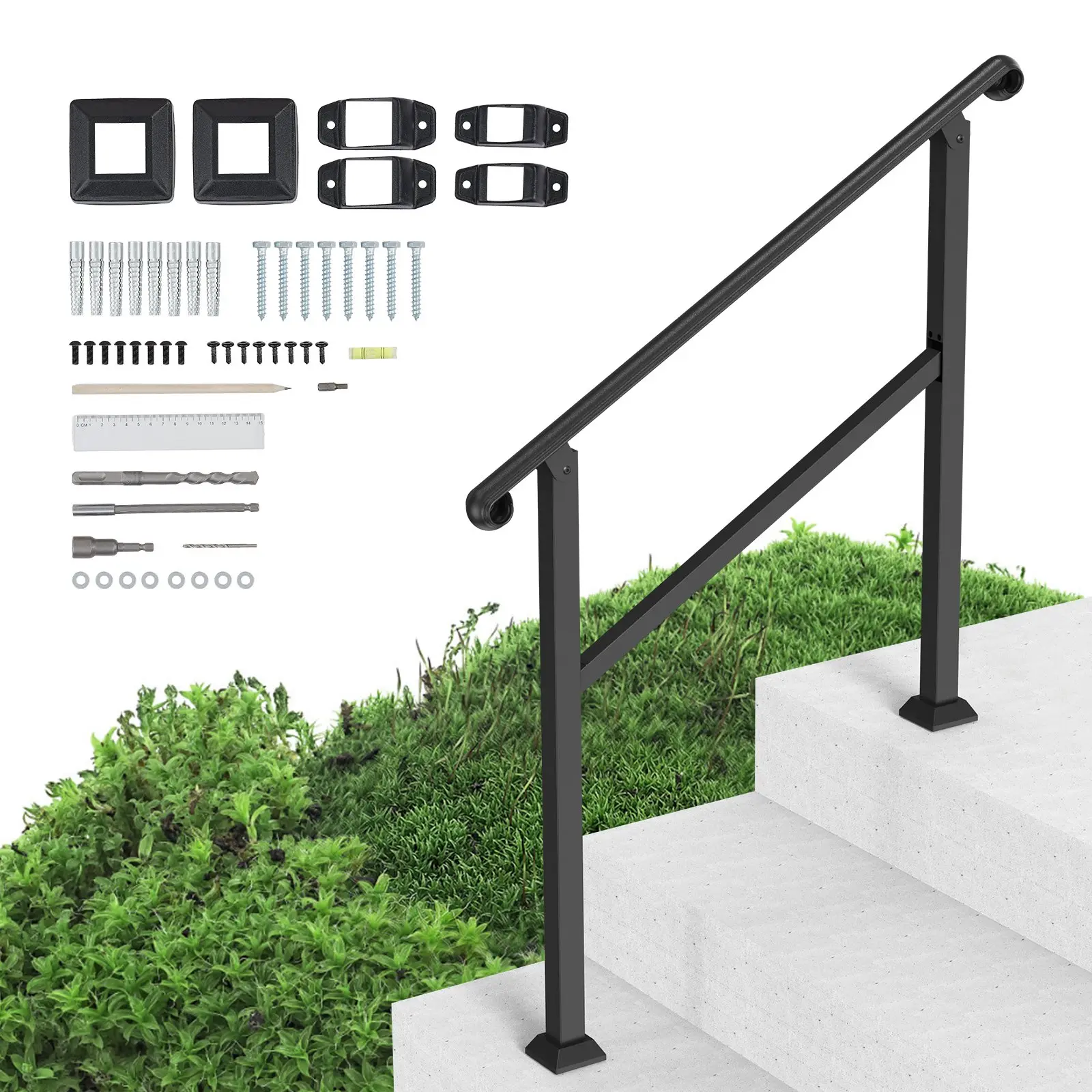 【Summerfinds】VEVOR Handrails for Outdoor Steps, 2-3 Step Stair Hand Rail & Indoor Railing Kit, Railings for Outside Steps with Installation Kit, Hand Rails for Seniors,Porch Railing & Deck Hand Rail, Black