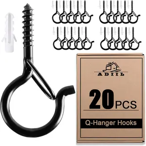 20 PCS Q Hanger Hooks with Safety Buckle, Windproof Screw Hooks for Hanging Outdoor String Lights, Plants, Christmas Patio Lights, 2.2 Inches, Black