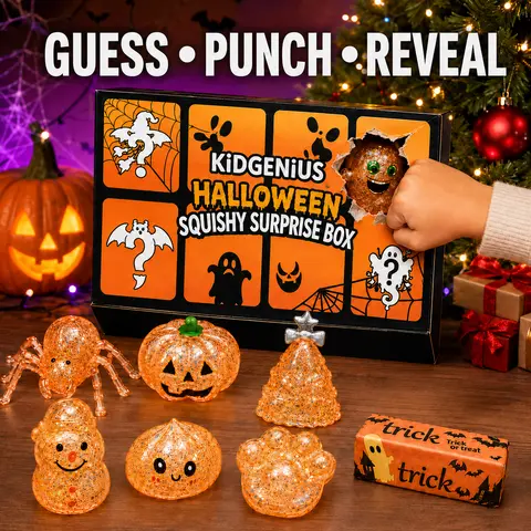 KIDGENIUS 8-Pack Mystery Squishy Toys Set - Slow Rise Stress Relief Toys, Satisfying Texture, Glittery Halloween Picks, Collectible Squishy Fun, Kids' Holiday Gift Box, Party Favors, Classroom Prizes