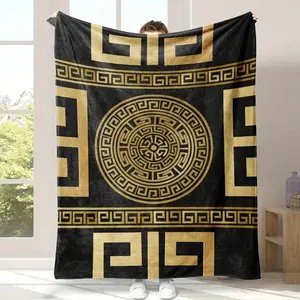 Greek Key Pattern Throw Blanket, Luxury Black & Gold Home Decor Blanket  Essential for home and travel.