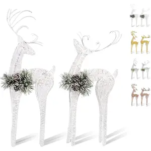 2pc Set White Pinecone Rattan Thread String Christmas Reindeer Figurine Table Desk Decorations Glittering Xmas Holiday Party Supply