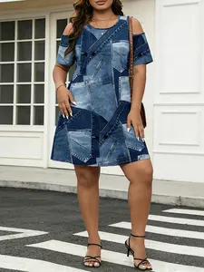 Plus Size Curvy off Shoulder Dress, Denim Patchwork Heart Leopard Print, Chic Cute Fit Comfy, Casual Streetwear, Home Wear, Daily, Summer