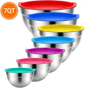 TINANA Mixing Bowls with Lids: 7 Pack Stainless Steel Mixing Bowls Set, Metal Nesting Mixing Bowls for Kitchen, 7/4.5/3.0/2.0/1.5/1.0/0.7QT, Great for Prep, Baking, Serving, Multicolor