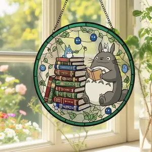 Everything's Ghibli Studio Accessories Store - Totoro Reading Stained Glass Suncatcher, Colorful Totoro Sun Catcher, Unique Gift Suncatcher