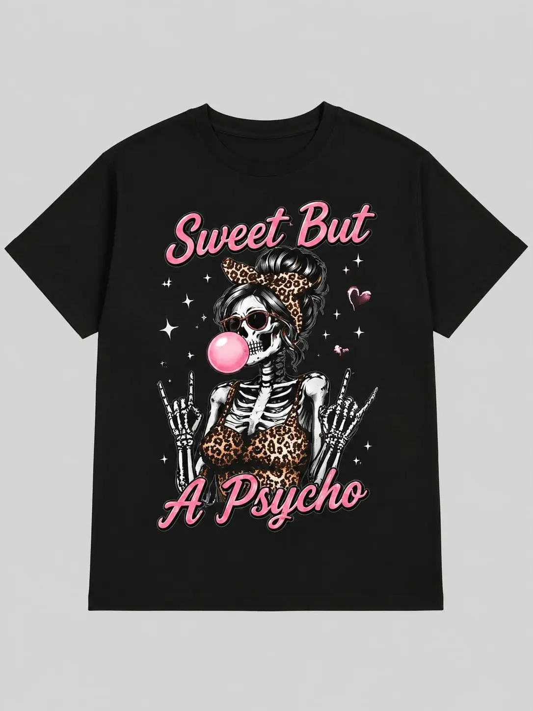 Women's Short-Sleeve Smooth Fabric Printed T-Shirt - Breathable Round Neck, "Sweet But Psycho" Skeleton Graphic, Leopard Print Casual Top for Teacher Everyday Wear, Shortsleeve, Soft