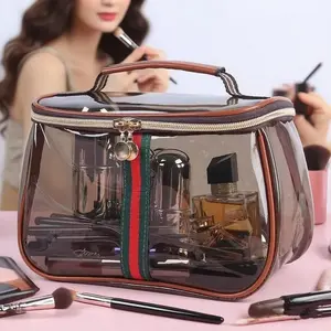 Vintage Waterproof Transparent Makeup Bag, Large Capacity Retro Vanity Toiletry Bag with Wide Handheld Design, Stylish Luxury Cosmetic Travel Storage Organizer Case for Women & Ladies