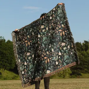 Woven Blanket: Dark Academia Green Throw, Vintage Style Quilt & Cozy Picnic Blanket for Cottagecore Decor